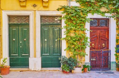 Eski yaşayan bitkiler ile dekore edilmiş evler, doğal ahşap kapılar duvar ve çiçekler tencere, Birgu, Malta bükülmüş.