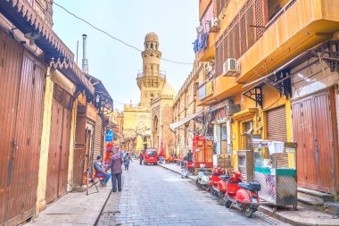 Cairo, Mısır - 23 Aralık 2017: El-Gamaleya sokak sahneleri üzerinde Aralık 23, Kahire Mısır geleneksel yaşam tarzını, iyi örnek vardır