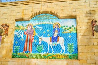 Cairo, Mısır - 23 Aralık 2017: Eski mozaik gösteriyor üzerinde Aralık 23, Kahire Mısır Kutsal Aile içine uçan