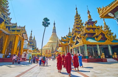 Yangon, Myanmar - 27 Şubat 2018: Bhikkhu keşişlerin grup güzel türbelerin ana stupa için 27 Şubat Yangon içinde yürürken küçük karga Shwedagon Zedi ziyaret.