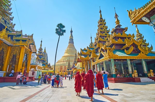 Yangon Myanmar Února 2018 Skupina Mnichů Bhikkhu Navštíví Shwedagon Zedi — Stock fotografie