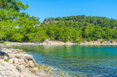 Phaselis kayalık sahil yeşil çam ormanları ile kaplı ve bölünmüş üç limanları, küçük plaj ve büyük yeniden oluşturma bölgesi, Tekirova, Türkiye Kuzey limanı vardır.