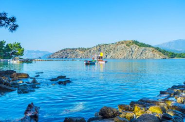 Zevk tekneler korumalı güneş Harbour, Phaselis, Tekirova, Türkiye.