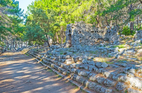 Promenad Den Sjö Hamngatan Vid Phaselis Med Utsikt Ruinerna Domitianus — Stockfoto