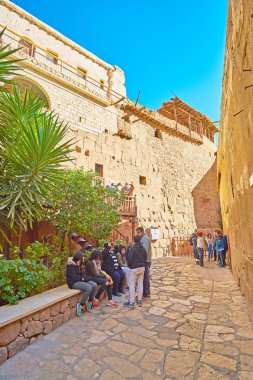 St Catherine, Mısır - 25 Aralık 2017: Yemyeşil çiçek yatak ve uzun duvarlar, 25 Aralık içinde St Catherine Manastırı God-Trodden Mount Sinai (St Catherine) dar avluda.