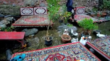 Darband dağ Nehri üzerinde Restoran yiyecek gözleme, Tahran, Iran ile davranarak ziyaretçilerden yalvarmaya yerli kaz için güzel yer..