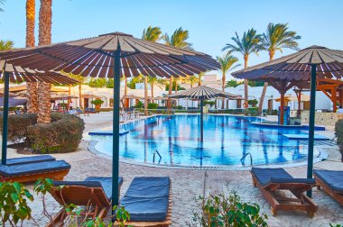 Sharm El Sheikh, Mısır - 12 Aralık 2017: şezlong üzerinde yüzme havuzunda yeşil avuç içi, Manzaralı üzerinde Aralık 12, Sharm El Sheikh güneşlenme keyfini çıkarın.