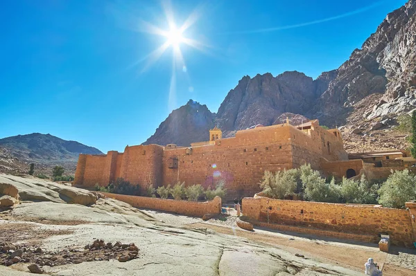 Bright Sunny Morning Mountains Sinai View Catherine Monastery Surrounded Huge — Stock Photo, Image