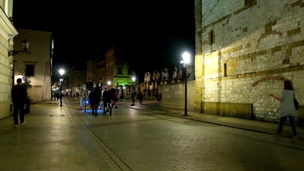 Krakow Pologne Juin 2018 Les Touristes Profitent Promenade Nocturne Calèche — Video