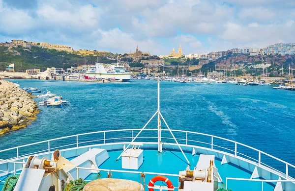 View Ferry Deck Historic Mgarr Harbour Full Yachts Boats Ferry — Stock Photo, Image