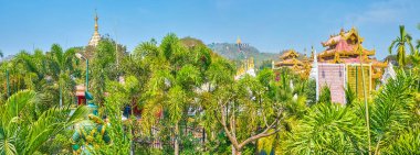 Türbelerin ve ana pagoda üst çatı sadece Kyauktawgyi Pagoda'nın Bahçe, Mandalay, Myanmar yeşillikler gördüm