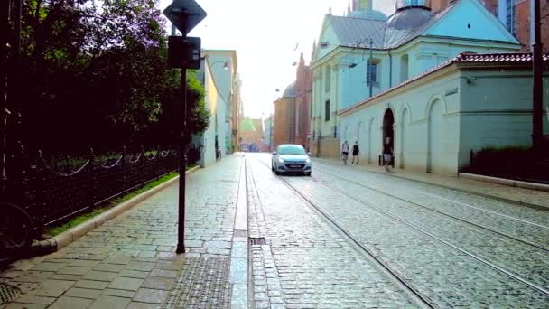 Kraków Polska Czerwca 2018 Twardy Letni Deszcz Miasto Samochody Tramwaje — Wideo stockowe