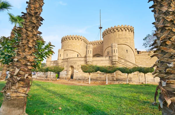 Medieval Bab Azab Puerta Pared Exterior Ciudadela Saladino Con Enormes — Foto de Stock