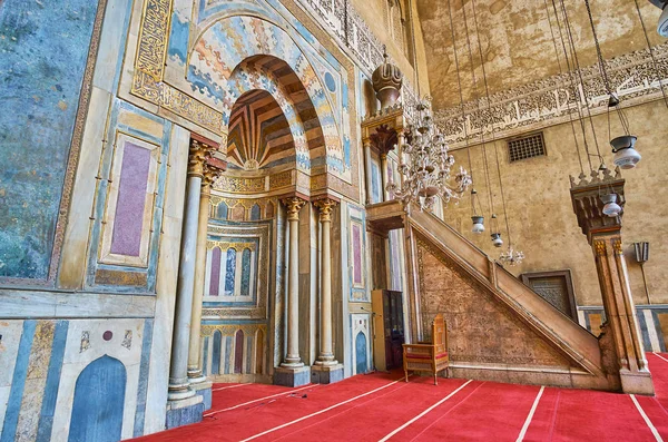 Cairo Egipto Diciembre 2017 Mihrab Piedra Tallada Minbar Sala Oración — Foto de Stock