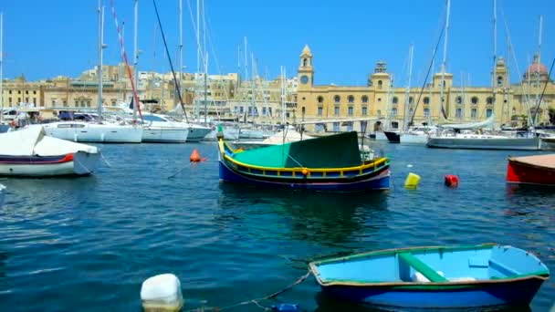 Senglea Malta June 2018 Old Wooden Luzzu Boats Yachts Buildings — Stock Video