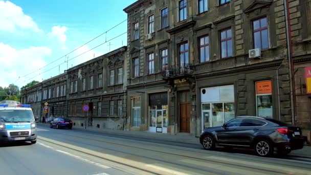 Krakow Poland June 2018 Blue Tram Rides Boleslawa Limanowskiego Street — Stock Video