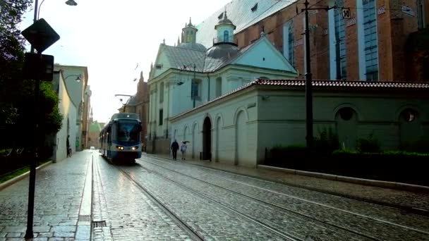 Krakow Poland June 2018 Tram Rides Dominikanska Street Hard Rain — Stock Video