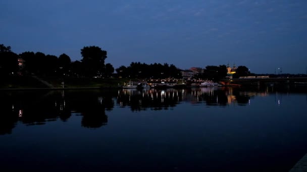 Enjoy Evening Walk Vistula River Muffled City Lights Reflected Clear — Stock Video