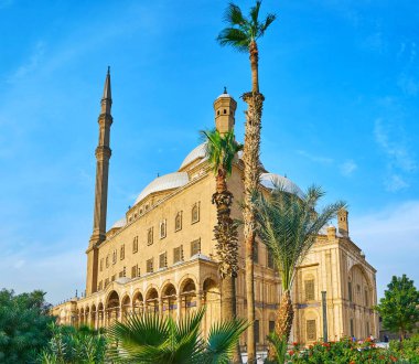 Osmanlı mimari Alabaster Camii uzun palmiye ağaçları ile topluluğu ve sulu yeşil bir bahçe, Selahaddin Eyyubi Kalesi, Kahire, Mısır tarz.