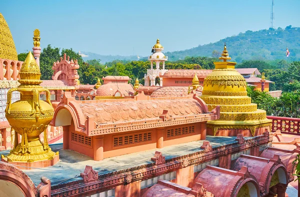 Terracotta Roofs Golden Stupa Decorative Details Sitagu International Buddhist Academy — Stock Photo, Image