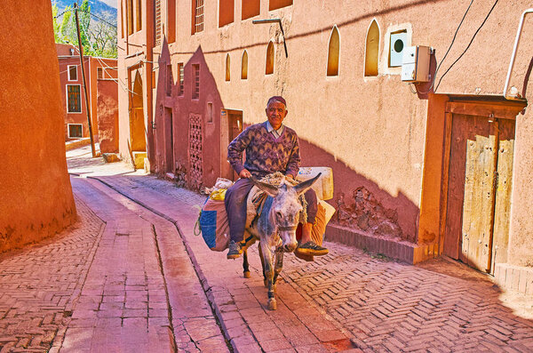 ABYANEH, IRAN - OCTOBER 23, 2017: The senior farmer rides the donkey along the narrow street with red clay houses of traditional mountain village, on October 23 in Abyaneh