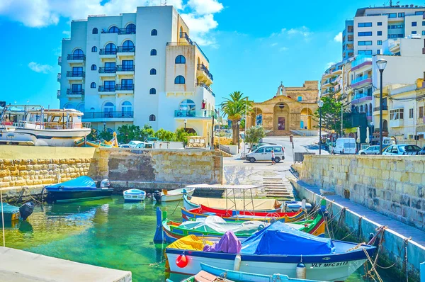 Bugibba Malta Junio 2018 Los Coloridos Botes Luzzu Madera Puerto — Foto de Stock