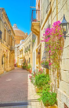 Düşük evleriyle şirin dar konut sokak Mosta kasaba, Malta tencere, çiçeklerle süslenmiş