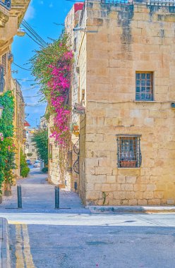 Mosta'nın eski şehir renkli çiçeklerle dekore edilmiş evlerin duvarlarında, Malta bükülmüş