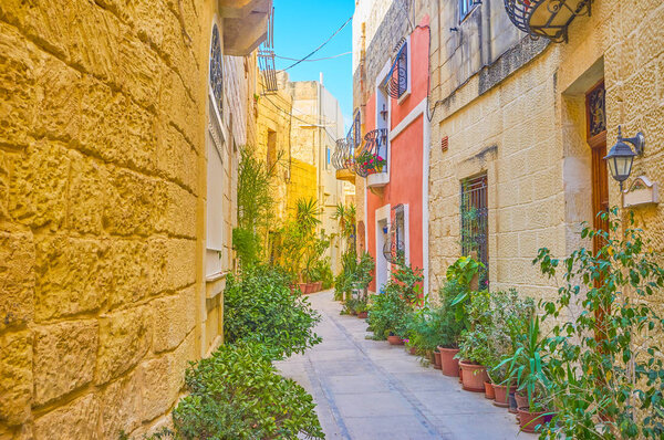 The tiny street with plants in pots is a very cozy and calm, despite its located in the center of the town, Naxxar, Malta