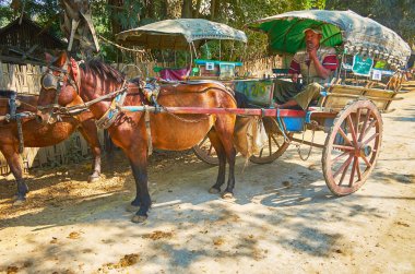 Ava, Myanmar - 21 Şubat 2018: Oturur yaşlı arabacı eski püskü sepeti ve weits günü 21 Şubat Ava antik şehir etrafında bir yolculuk yapmak turist.