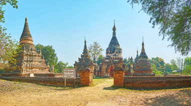 Daw Gyan pagoda sit alanı Panoraması kırmızı tuğla inşa ve oyma geometrik desenler ve heykeller NAT'lar ve efsanevi yaratıklar, Ava (Inwa), Myanmar dekore edilmiş.