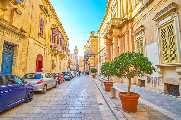 Mdina, Malta - 14 Haziran 2018: Yapılardır geniş Ortaçağ sokakta Mdina kale güzel dekore edilmiş, o ileri tarih 14 Haziran Mdina içinde streç