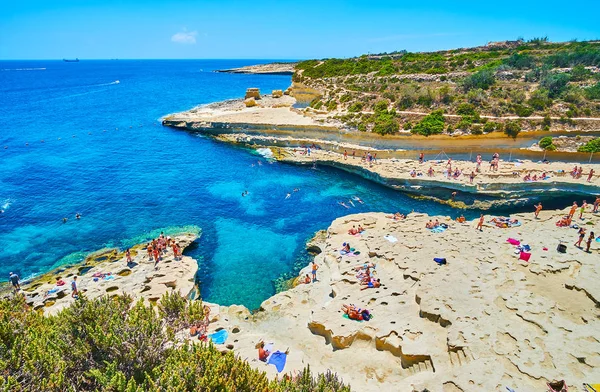 Marsaxlokk Malta Junio 2018 Fantástico Paisaje Rocoso Playa Piedra Caliza — Foto de Stock