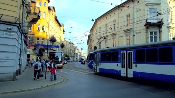 Krakow Poland June 2018 Blue Trams Drive Historic Edifices Krakowska — Wideo stockowe