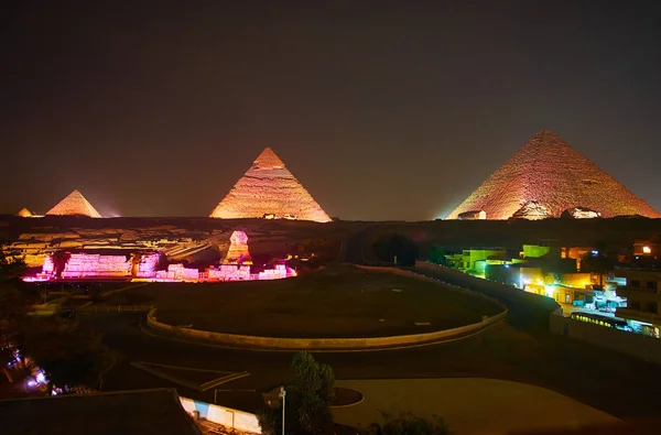 Giza Akşam Işık Gösterisi Zevk Olay Piramitler Sfenks Parlak Aydınlatma — Stok fotoğraf