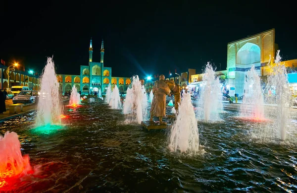 Akşam Amir Chakhmaq Meydanı Yezd Iran Dekorasyon Parlak Işıklar Çeşme — Stok fotoğraf