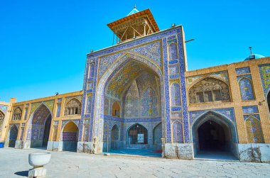 Qajar Era Masjid Seyed is the largest historic mosque of Isfahan, famous for its masterpiece tiled patterns, covering the iwans (portals), arcades and walls, Iran.