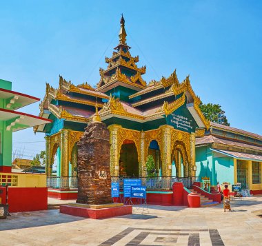 Bago, Myanmar - 15 Şubat 2018: Yıkık duvar Shwemawdaw Pagoda, 15 Şubat Bago görüntü evinde, eski tuğla blok.