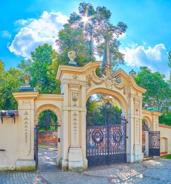 Aziz Michael ve St Stanislaus Kilise kapılarını doğal metal dantel ve oyma taş süslemeleri, Krakow, Polonya