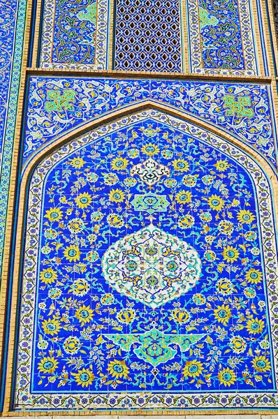 Den Ljusa Blå Dekorativa Panelen Med Fina Blommönster Fasaden Vägg — Stockfoto