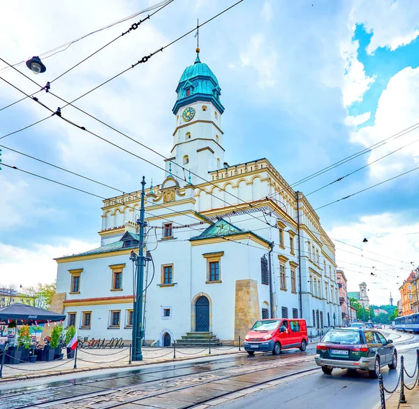 Krakow Polonia Giugno 2018 Bellissimo Edificio Con Torre Orologio Storico — Foto Stock