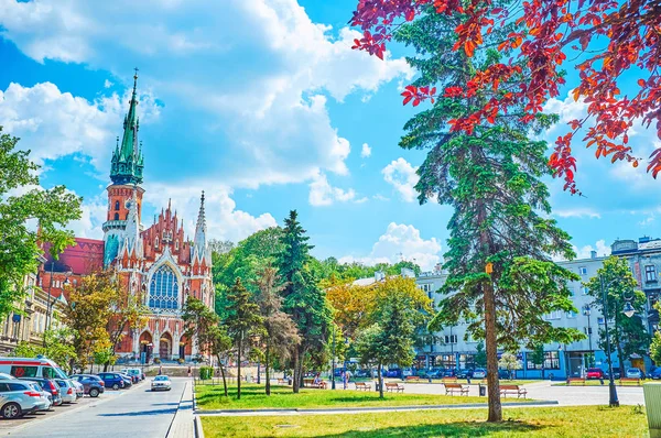 Krakow Polonia Junio 2018 Pequeño Parque Histórica Plaza Rynek Podgorski — Foto de Stock