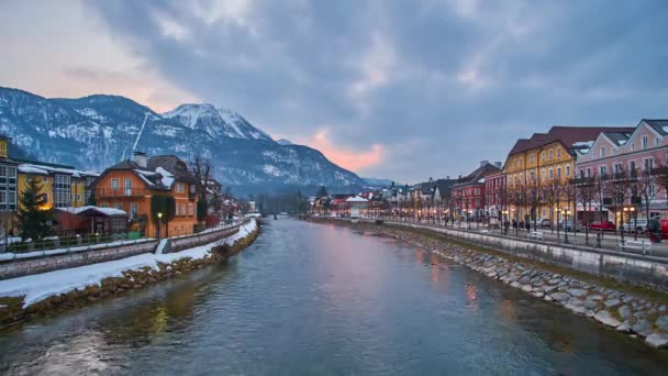 Bad Ischl Αυστρία Φεβρουαρίου 2019 Θολό Ηλιοβασίλεμα Ουρανό Πάνω Από — Αρχείο Βίντεο