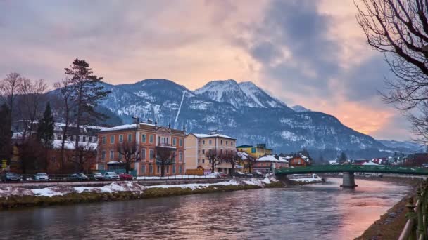 Bad Ischl Österrike Februari 2019 Titta Solnedgången Över Snöiga Katrin — Stockvideo