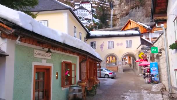 Χάλστατ Αυστρία Φεβρουαρίου 2019 Παλιά Πολύχρωμα Σπίτια Της Οδού Badergraben — Αρχείο Βίντεο