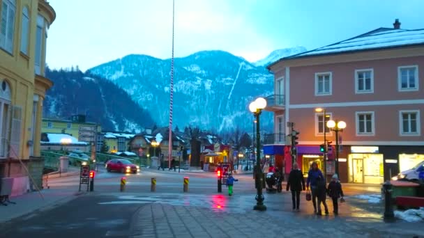 Bad Ischl Rakousko Února 2019 Večerní Procházka Pfarrgasse Street Výhledem — Stock video