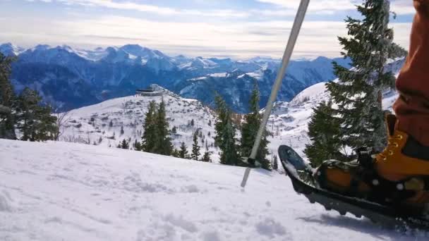 Ebensee オーストリア 月24 2019 Snowshoer は2月24日に Ebensee モミの木と雪のようなダッハシュタインアルプスを背景にした景色を望むフォイアーコーゲル山台地の頂上に沿って歩きます — ストック動画