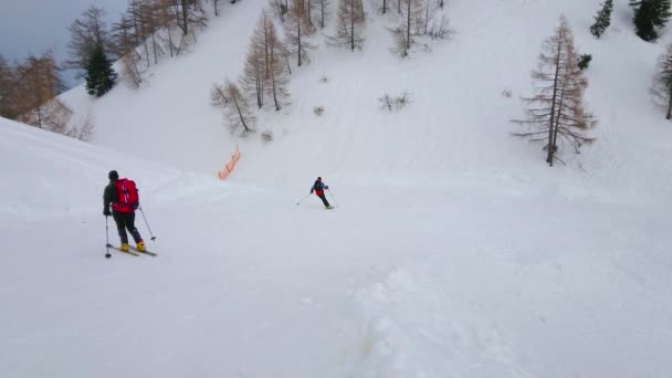 Bad Ischl Áustria Fevereiro 2019 Grupo Esquiadores Descendo Encosta Montanha — Vídeo de Stock