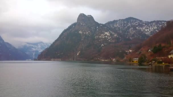 Heavy Rainy Clouds Hover Alps Stuck Traunsee Lake Traunkirchen Salzkammergut — Stock Video