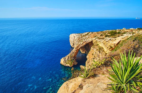 Skalnaté pobřeží a modrá jeskyně, Malta — Stock fotografie